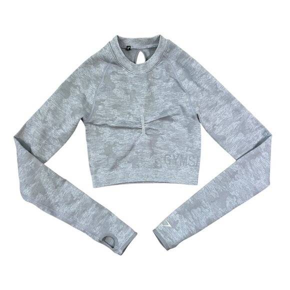 Gymshark Adapt Light Gray Camo Long Sleeve Crop Top Shirt Keyhole Back Size XS - Picture 1 of 9